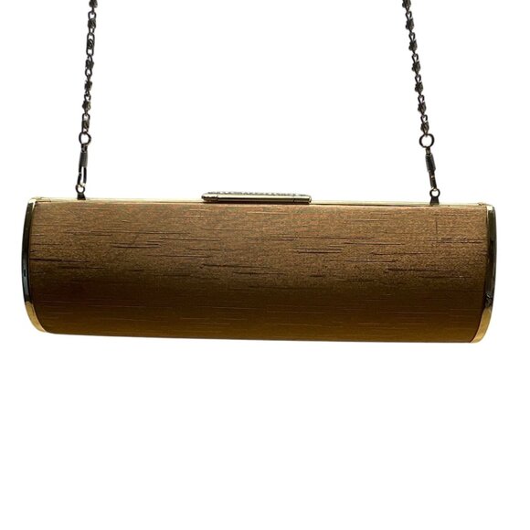 Gold Cylinder Clutch Purse With Rhinestone Clasp Closure & Chain Strap Sz S - Picture 4 of 9